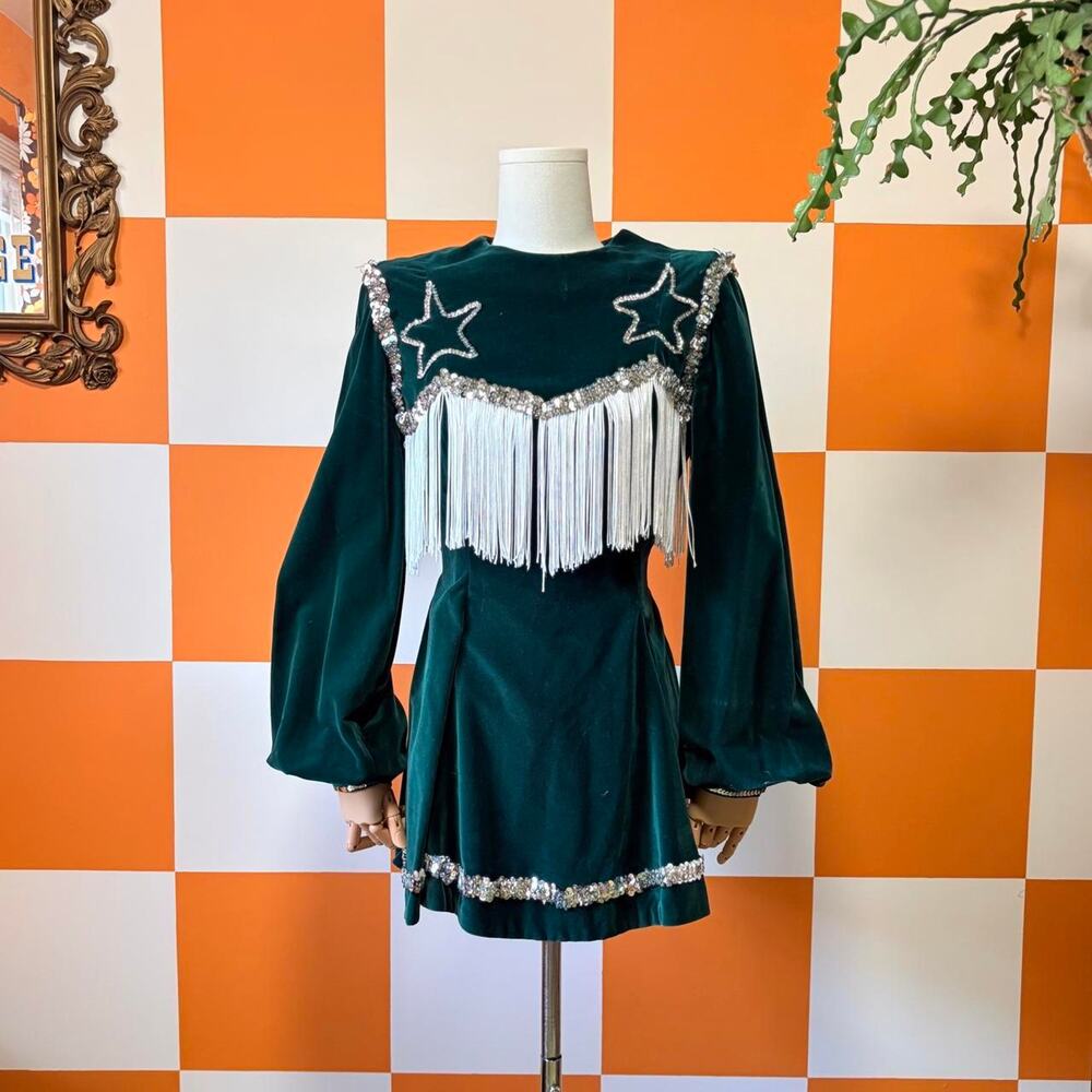 70s Vintage Emerald Green Velvet Balloon Sleeve Sequin Fringe Majorette Dress